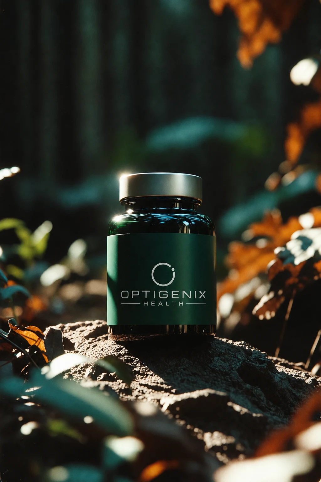 Optigenix supplement bottle in a natural forest setting
