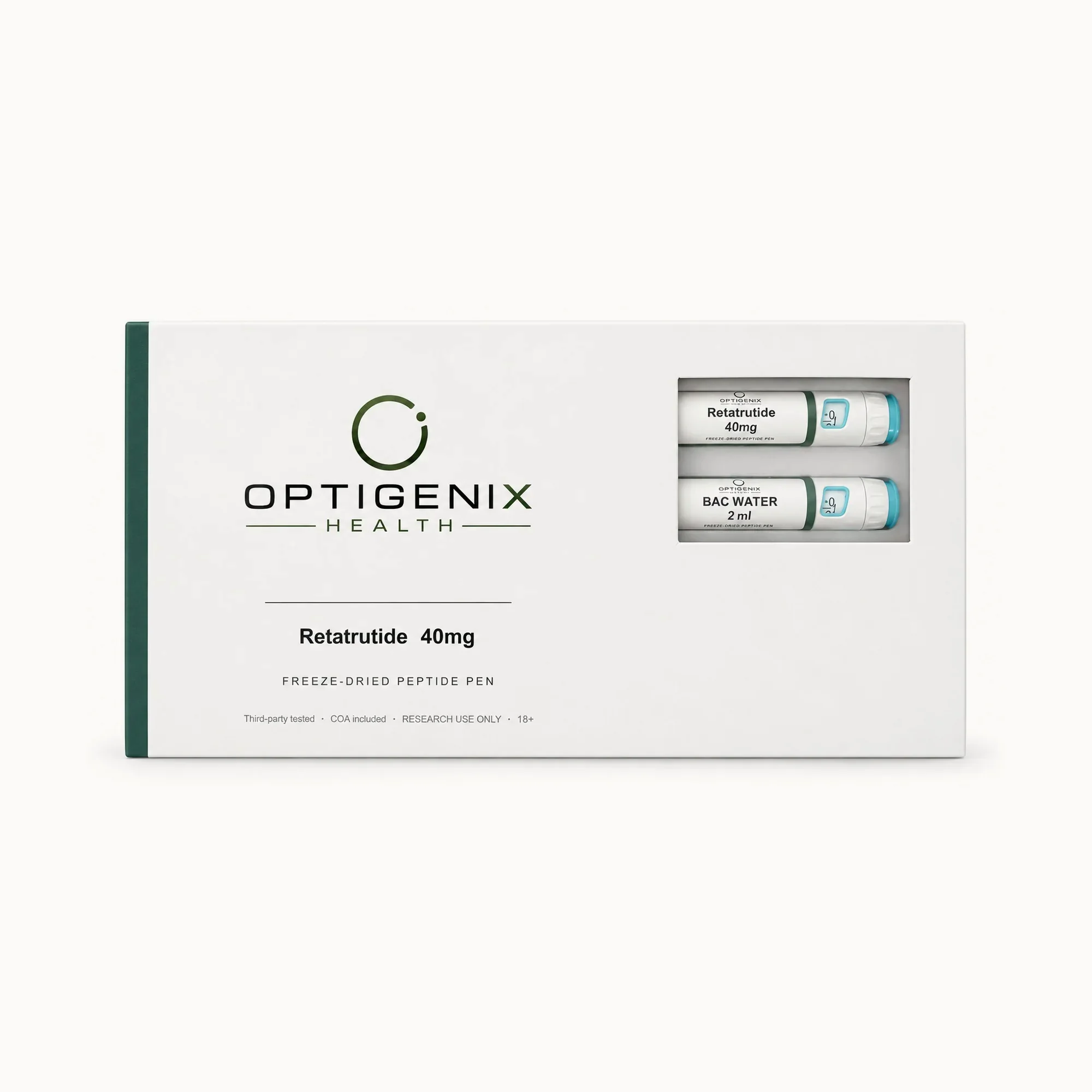 Optigenix Retatrutide 40mg box, front, freeze-dried peptide pen