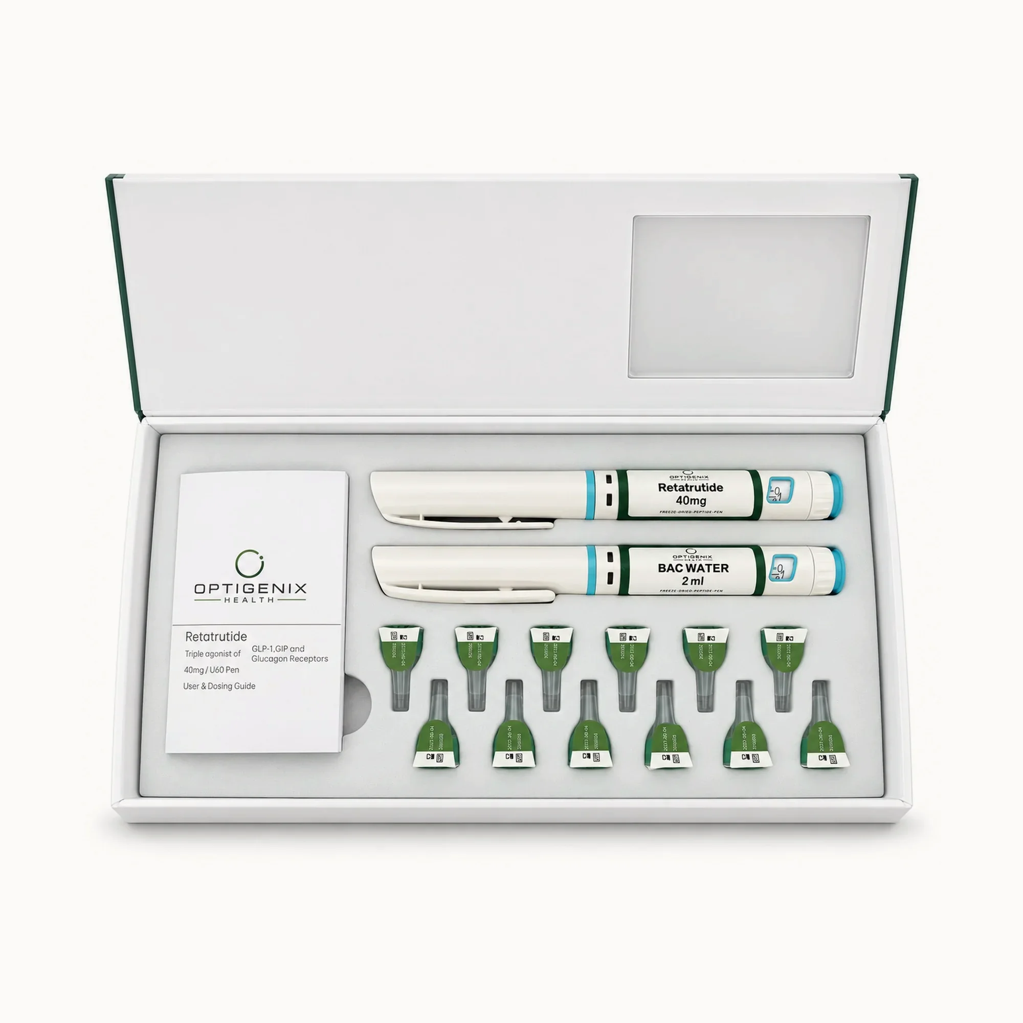 Optigenix Retatrutide 40mg kit open, showing freeze-dried pen, bacteriostatic water pen and guide card